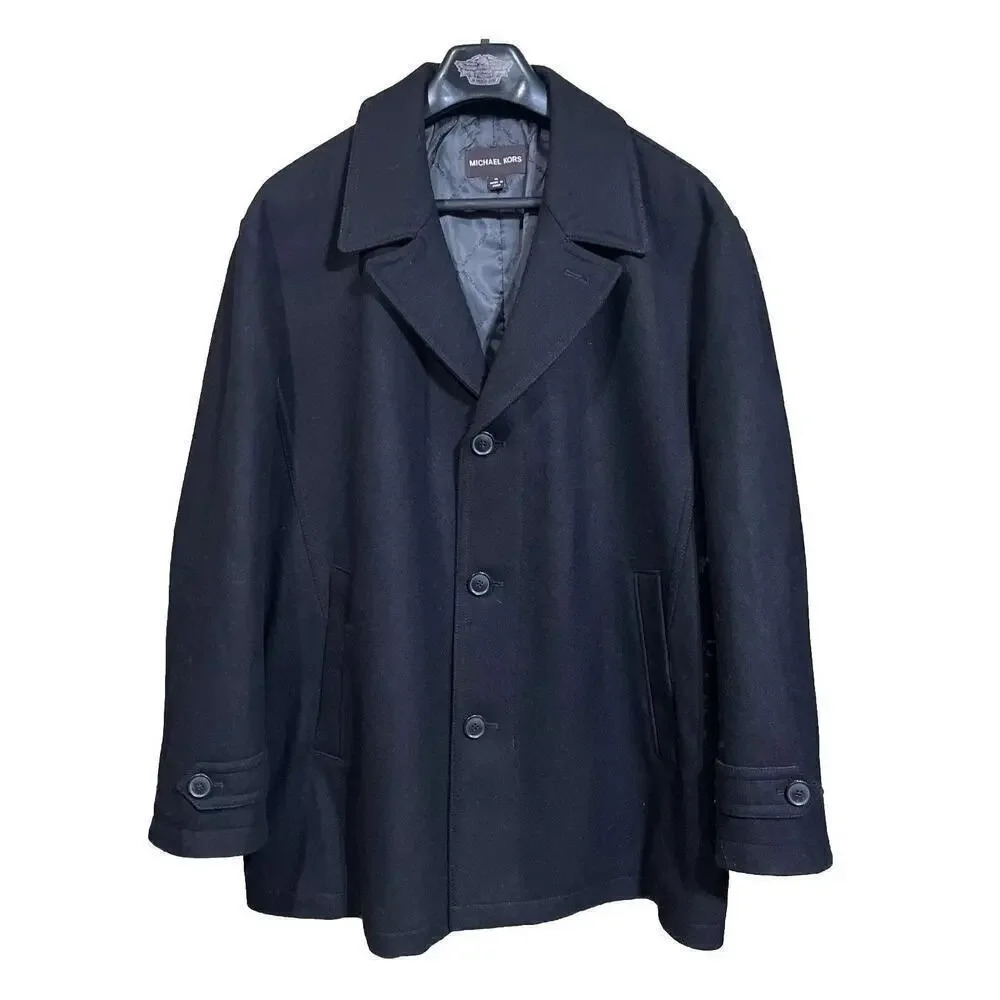Michael Kors Men's Single Breasted Wool Blend Peacoat Black Size XL